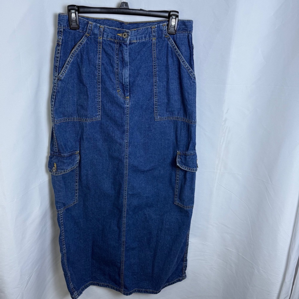 Y2K 00's American Eagle Vintage Denim Cargo Maxi‎ Skirt Blue Made in USA Size 8